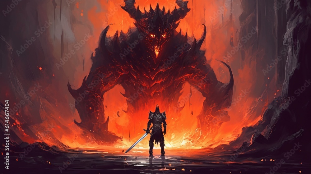 knight with a sword facing the lava demon in hell, digital art style, illustration painting Generative AI