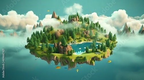 Floating island with lake and beautiful landscape. 3d illustration of flying land green forest with trees, mountains, animals, water isolated with clouds Generative AI