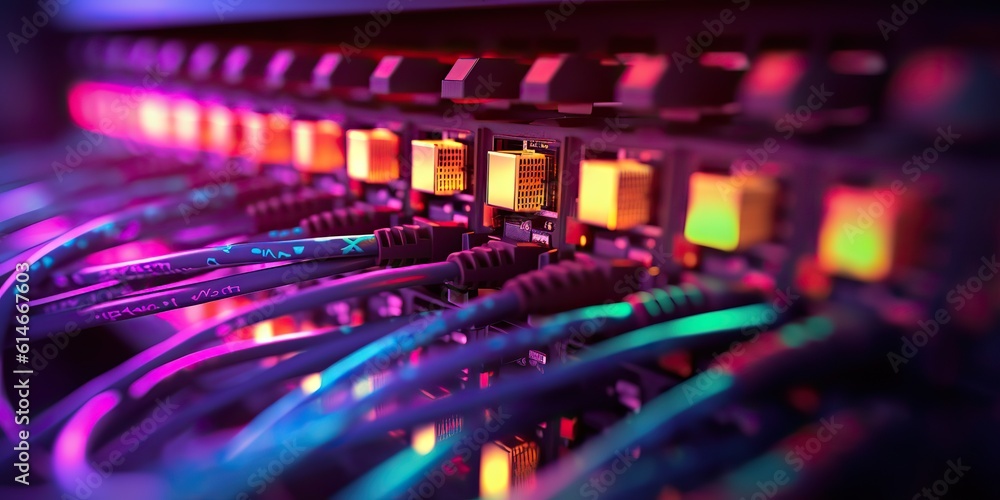 Fototapeta premium AI Generated. AI Generative. Servers connection with Fiber optic cable switch internet pc technology pc Graphic Art