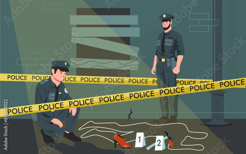 Police crime scene. Criminal murder investigation of detective officers, victim corpse traced with chalk, policemen with dog at work. Vector illustration