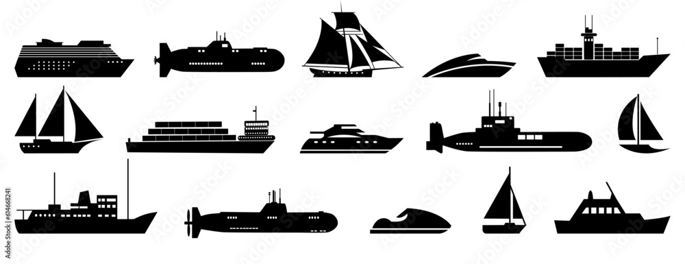 Sea transport icon silhouette collection. Ship, boat, yacht, submarine, sailboat Sea transport icon silhouette collection. Ship, boat, yacht, submarine, sailboat