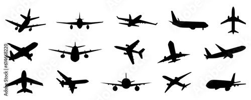 Black airplane icon collection. Set of black plane silhouette icon photo