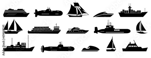 Sea transport icon silhouette collection. Ship, boat, yacht, submarine, sailboat