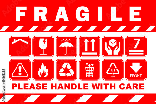 Set of fragile symbols. Warning cargo package sticker collection