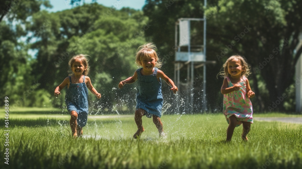 Joyful children run through the sprinkler on a hot summer day, their faces full of joy and fun. Generative AI Joyful children run through the sprinkler on a hot summer day, their faces full of joy and fun. Generative AI