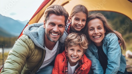 Young parents play with their children in nature. Camping. The family spends time together. Generative AI