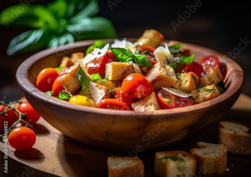 An artistic image of Panzanella in a rustic wooden bowl, surrounded by fresh ingredients like tomatoes, basil, and olive oil