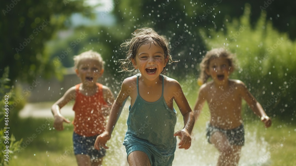 Joyful children run through the sprinkler on a hot summer day, their ...