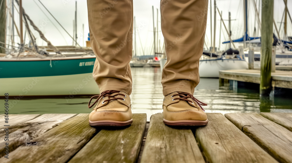 Legs of a man standing on the pier against the background of ships and boats. Selective focus, close-up, ground level shot. AI generated Legs of a man standing on the pier against the background of ships and boats. Selective focus, close-up, ground level shot. AI generated