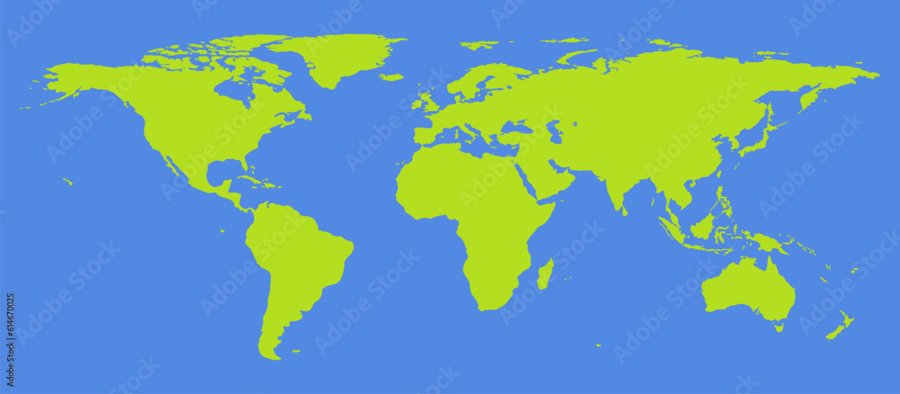 Detailed green blank silhouette of world map isolated on blue background. Vector illustration