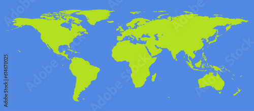 Detailed green blank silhouette of world map isolated on blue background. Vector illustration