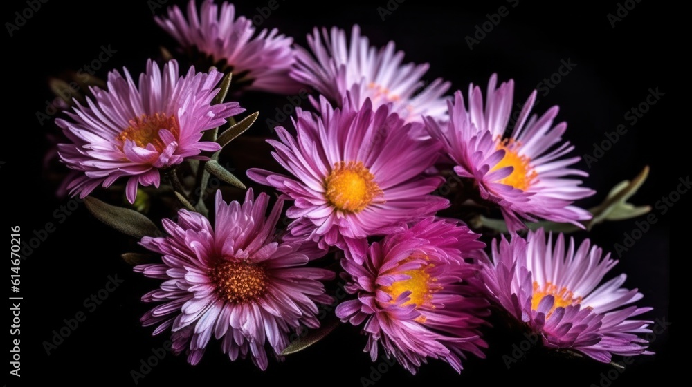 Bouquet of beautiful purple asters on a black background . generative AI Bouquet of beautiful purple asters on a black background . generative AI