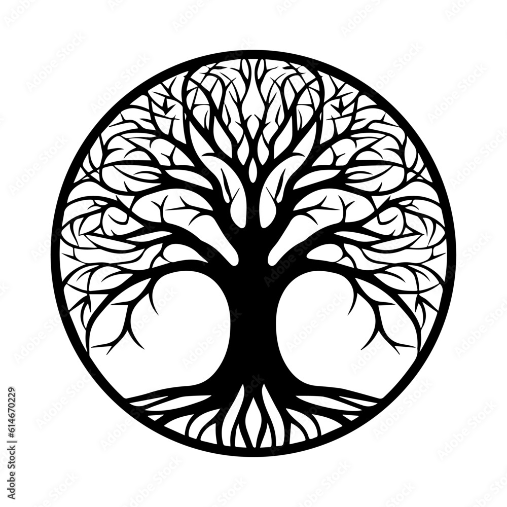 Tree of Life, black tree silhouette isolated on white background, tree ...