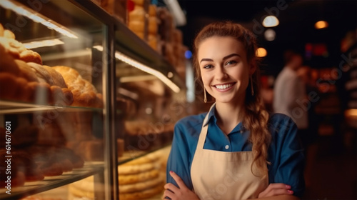 young beautiful smiling girl in an apron in a bakery with fresh bread . generative AI