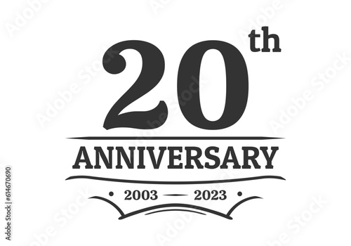 20 years anniversary logo, icon or label. 20th jubilee, birthday celebration vintage design template. Wedding, invitation card element. Vector illustration.