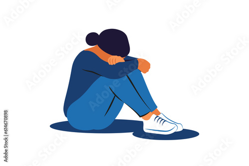 Depression woman sit on the floor and hugging her knees. Anxiety, woman fears and phobias. Vector illustration.