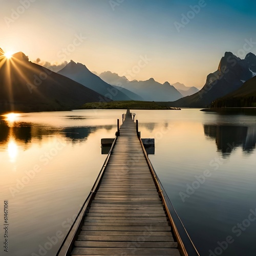 Tranquil sunrise over a mountain range at a peaceful lake jetty. Generative AI