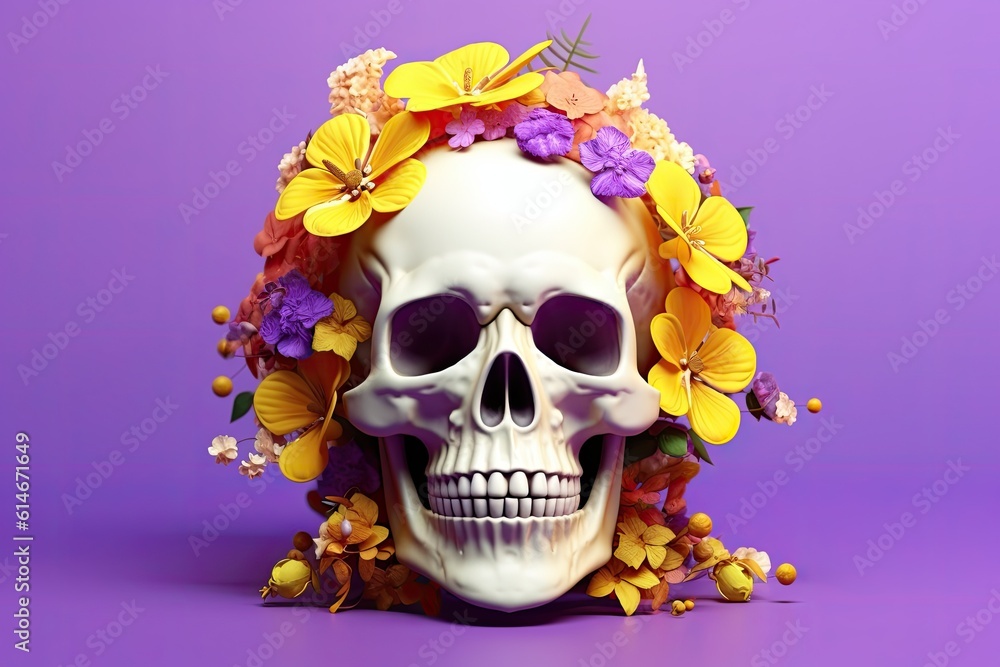 Fototapeta premium White skull decorated with flowers of yellow as for the day of the dead in mexico on a purple background