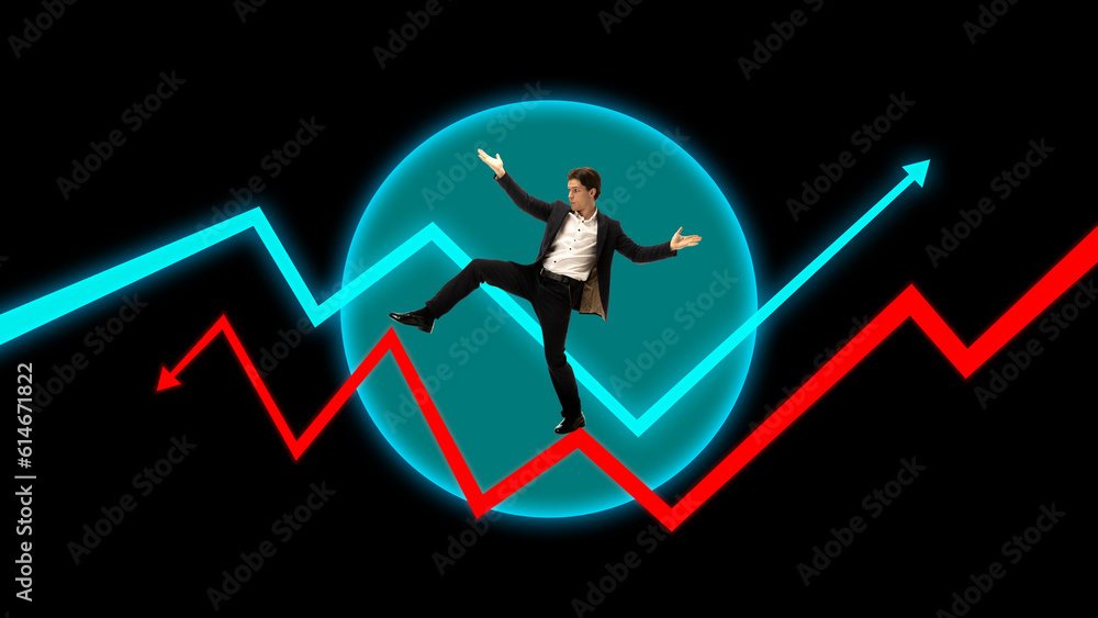 Young man, motivated employee balancing on analytical arrows and financial graphs. Professional challenges. Contemporary art collage. Concept of business, office, career development. Dark mode Young man, motivated employee balancing on analytical arrows and financial graphs. Professional challenges. Contemporary art collage. Concept of business, office, career development. Dark mode