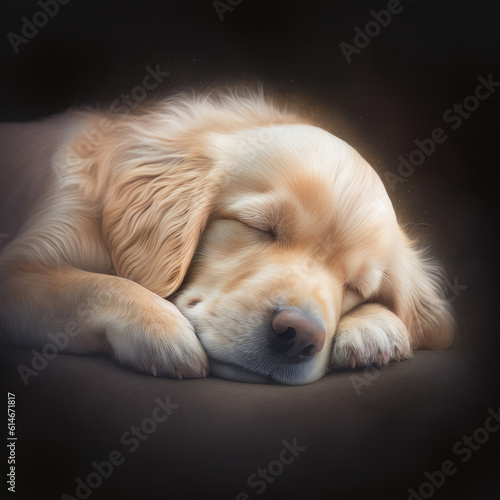 Dog golden retriever sleep photoshoot activity. Golden retriever dog breed in studio shoot for pet sleeping activities. Generative AI.