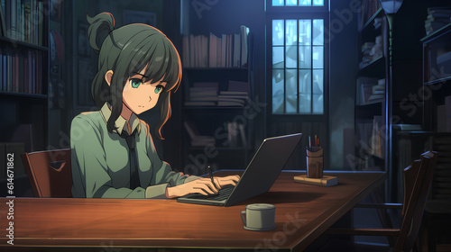 anime businesswoman using laptop at desk 
