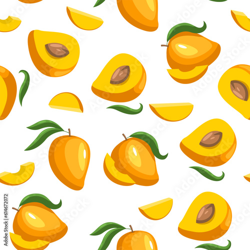 Mango pattern. Exotic green tropical ripe fruit seamless wallpaper design, exotic botanical leaf backdrop repeatable print. Vector texture