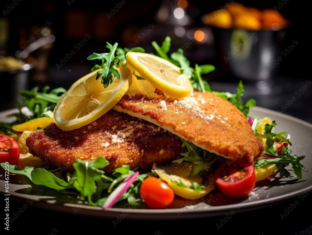 Cotoletta alla Milanese with its golden-brown breadcrumbs and a vibrant Italian salad on the side Cotoletta alla Milanese with its golden-brown breadcrumbs and a vibrant Italian salad on the side