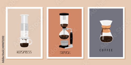 Set of contemporary posters with alternative coffee brewing methods. Syphon coffee maker and aeropress. Wall art print with speciality coffee. Trendy minimalist vector illustration for kitchen decor.