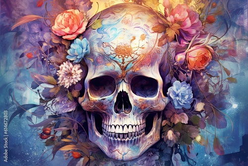 White skull decorated with flowers of yellow as for the day of the dead in mexico on a blue background © zakiroff