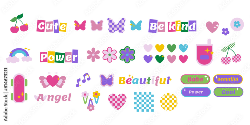 Collection of trendy icons in 90s, 2000s style. Y2k sticker butterfly 2000s. Set of design elements, flowers, hearts, worlds, checkerboards illustration. Vector Collection of trendy icons in 90s, 2000s style. Y2k sticker butterfly 2000s. Set of design elements, flowers, hearts, worlds, checkerboards illustration. Vector