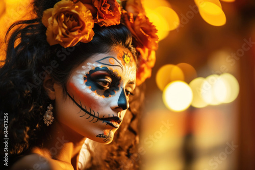 Woman with sugar skull makeup on her face, Mexican holiday Dia de los Muertos, or Day of the Dead