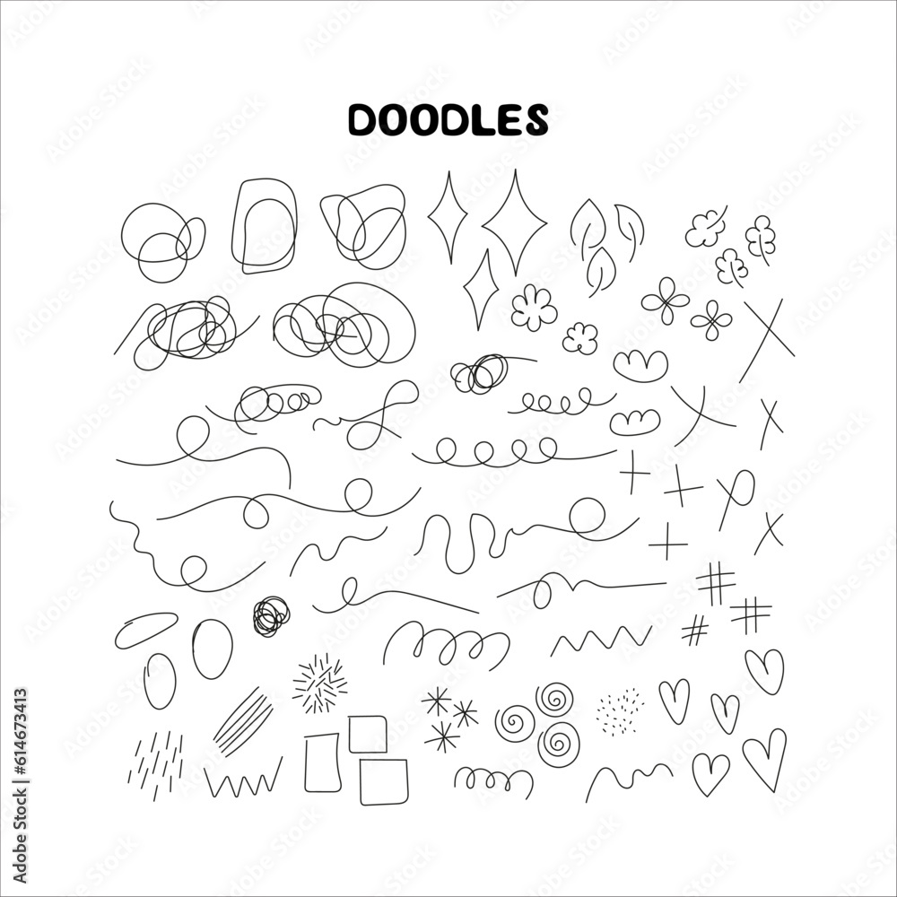Hand drawn doodles, scribbles elements set. Vector textured brush strokes, stamp brushes. Childish scribbles and doodles, lines and shapes elements isolated on white background