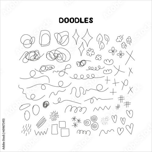 Hand drawn doodles, scribbles elements set. Vector textured brush strokes, stamp brushes. Childish scribbles and doodles, lines and shapes elements isolated on white background