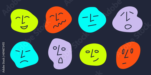Abstract hand drawn faces with different expressions and emotions sticker pack. Colorful modern set of vector emoji illustrations