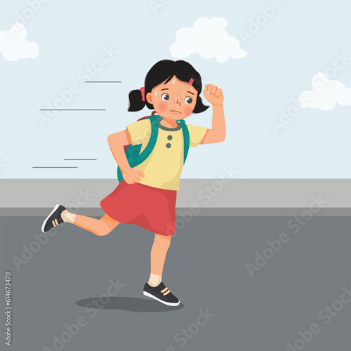 Cute little girl student with backpack running late to school
