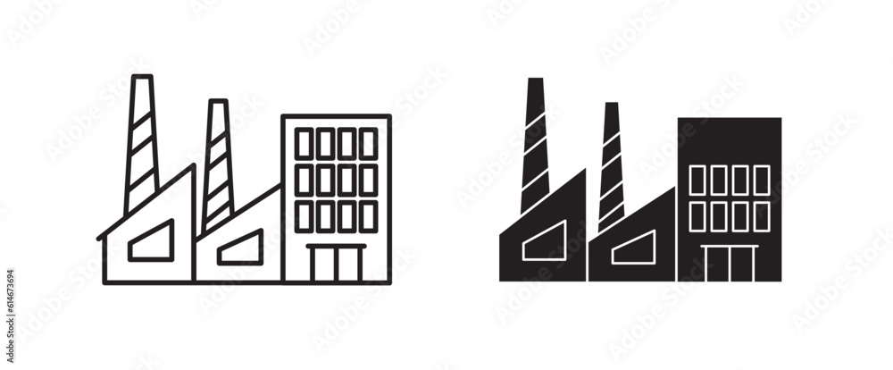 Factory icon vector set with chimney. Chemical production factory outline symbol. Product manufacture facility vector icons.