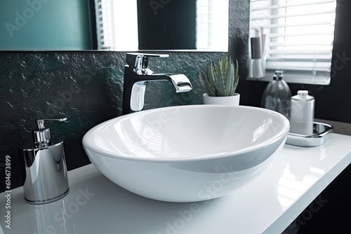 White sink and faucet in a modern bathroom.
