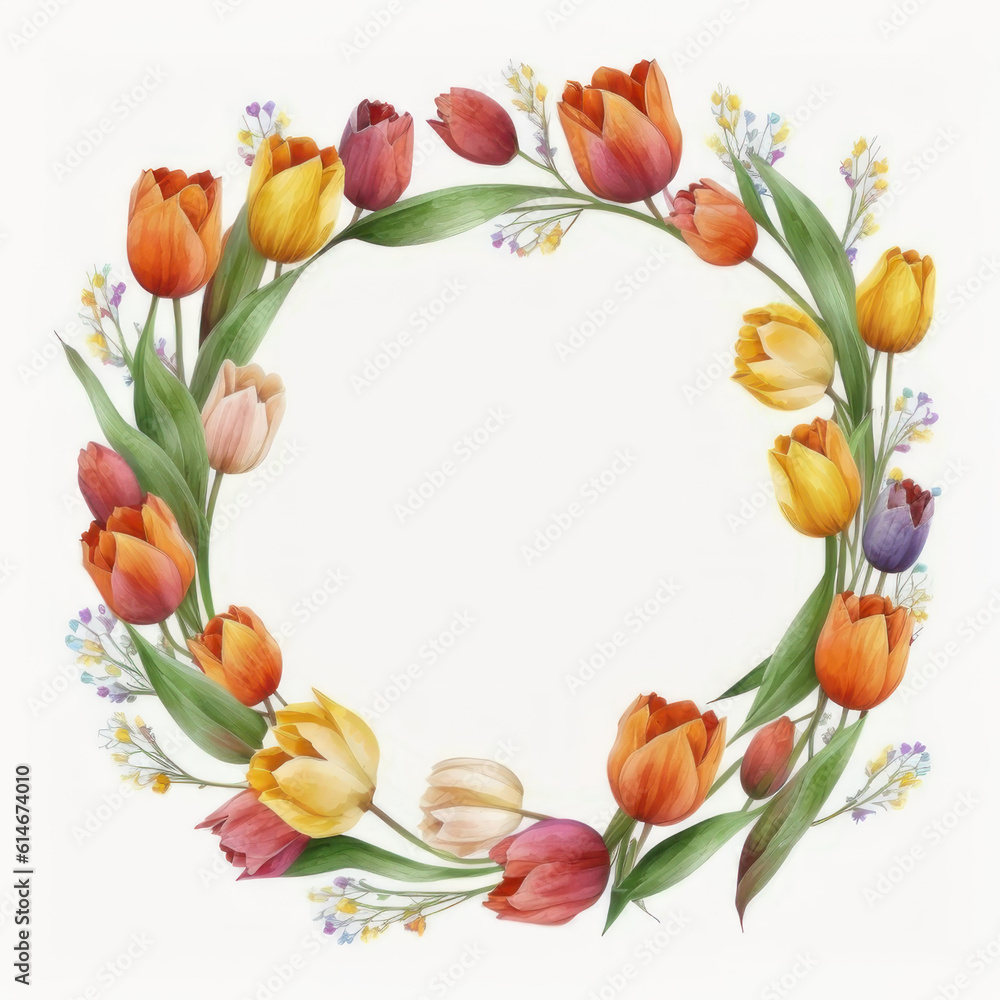 Frame of tulips in watercolor drawing style. AI generative. Frame of tulips in watercolor drawing style. AI generative.