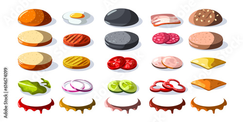 Burger ingredients. Cartoon fast food constructor with cheese sauce onion tomato lettuce cucumber, hamburger with roasted meat sliced flat food. Vector set