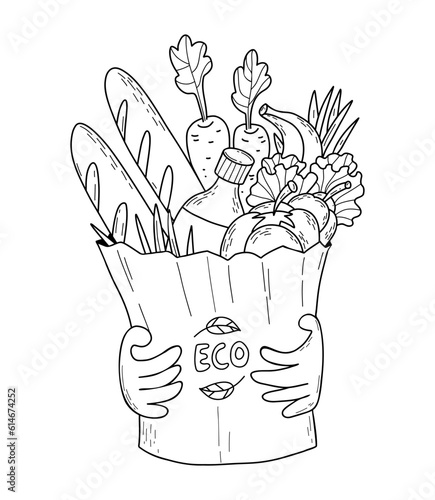Hands holding Eco bag with products. Vector illustration. outline sketch. Paper bag with food, vegetables, fruits, oil bottle and baguette. Ecology concept, recycling, grocery shopping and delivery.