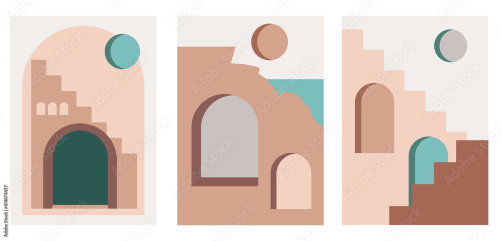 Abstract places, villages, small streets, old towns. Abstraction. Wall poster in boho style on canvas. The old house, the sun. flat modern design. Abstract places, villages, small streets, old towns. Abstraction. Wall poster in boho style on canvas. The old house, the sun. flat modern design.