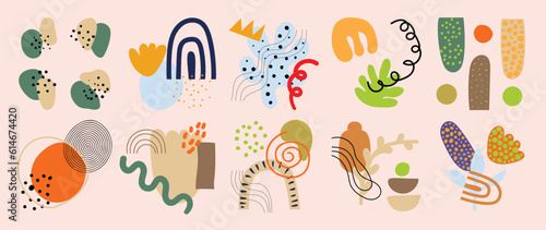 Hand drawn abstract minimal element boho vector set. Aesthetic contemporary stripe line art, geometric shapes, flowers. zig zag in earth tone. Art form design for wall art, decoration, wallpaper. 