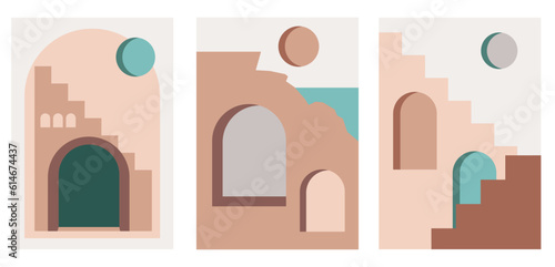 Abstract places, villages, small streets, old towns. Abstraction. Wall poster in boho style on canvas. The old house, the sun. flat modern design.