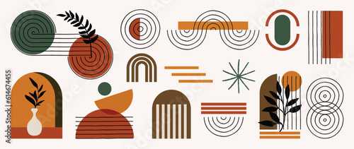 Hand drawn abstract minimal element mid century vector set. Aesthetic contemporary stripe line art, watercolor geometric shapes, women in earth tone. Design for wall art, decoration, wallpaper. 