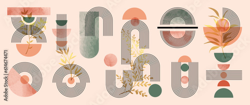 Hand drawn abstract minimal element boho vector set. Aesthetic contemporary stripe line art, organic shapes, scribbles, leaf in earth tone. Art form design for wall art, decoration, wallpaper. 