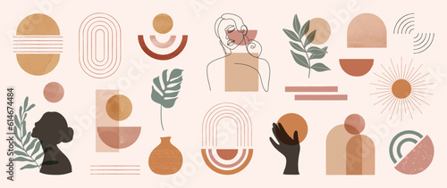 Hand drawn abstract elegant element mid century vector set. Aesthetic contemporary stripe line art, gold foil texture. leaf, mountain, shapes. Luxury art design for wall art, decoration, wallpaper.