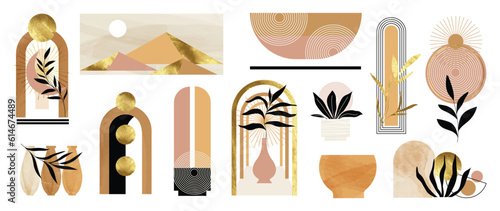 Hand drawn abstract minimal element boho vector set. Aesthetic contemporary stripe line art, organic shapes, scribbles, flowers in earth tone. Art form design for wall art, decoration, wallpaper. 