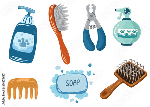Pet Grooming salon elements. Barbershop for cats and dogs, groomer tools or equipment, scissors, brushes, shampoo isolated on white background. Grooming, hygiene, pets concept. Vector illustration