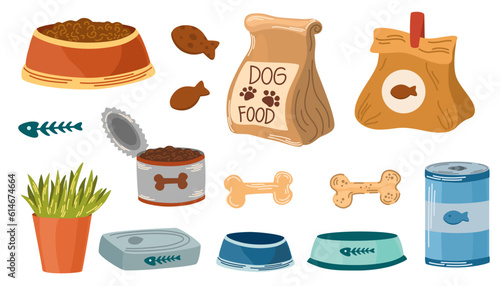 Food for animals. Food, bowl, canned food, fish sticks, meat cookies, grass for cats. Vector hand draw illustration.