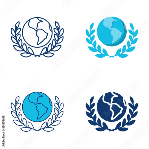 Globe with olive branches around icon set
